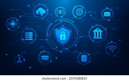 cyber security technology protection key lock data information blue background. vector illustration fantastic technology. 