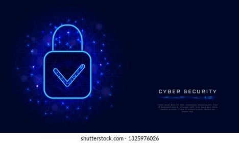 Cyber security template with padlock and check mark on abstract blue background. Banner design concept. Vector illustration