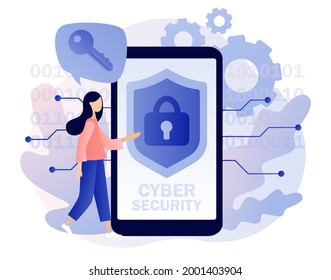 Cyber security - text on smartphone screen. Global network security. Data protection. Tiny woman protection of computer services and electronic information. Modern flat cartoon style. Vector 