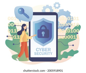 Ciberseguridad - texto en la pantalla del smartphone. Pequeña protección de la mujer de los servicios informáticos y la información electrónica. Seguridad de la red global. Protección de datos. Estilo moderno de dibujos animados planos. Vector 