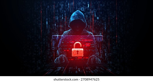 Concepto de amenaza de seguridad cibernética con silueta de hacker en estilo low poly. Icono de candado rojo brillante en fondo digital oscuro simboliza el fraude en línea y el peligro de ataque cibernético. Ilustración vectorial 