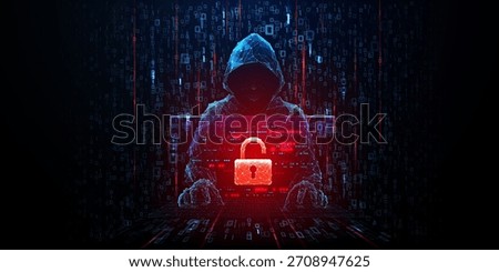 Cyber security threat concept with hacker silhouette in low poly style. Glowing red lock icon on dark digital background symbolizes online fraud and cyber attack danger. Vector illustration 