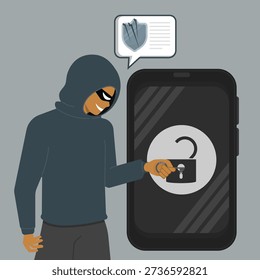 Cyber security threat concept showing a hacker unlocking a smartphone, representing data breach, mobile hacking, hacker attack and personal data theft.