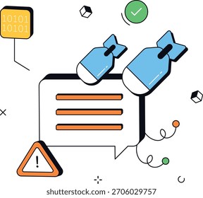 Detecção de ameaças à segurança cibernética apresentando bombas e uma mensagem de alerta. Ilustra as respostas ao perigo digital. Ideal para apresentações de segurança cibernética, guias de segurança digital e segurança on-line.