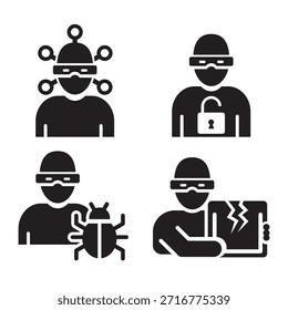 Conjunto de ícones de ameaças à segurança cibernética - Hacker, Malware, Violação de dados Ilustração plana de vetor