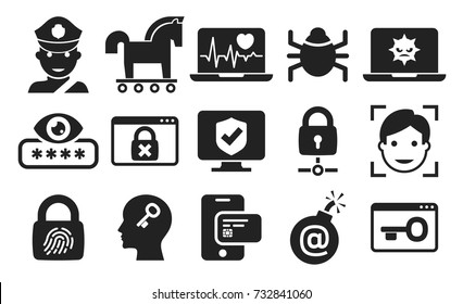 Cyber Security, Threat and Warnings icons set 03 in BW
