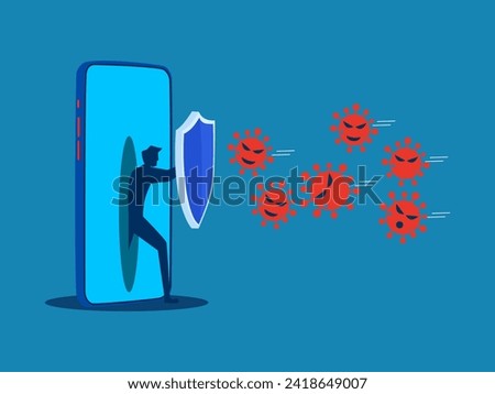 Cyber security threats. Protect smartphone from red virus attack with shield