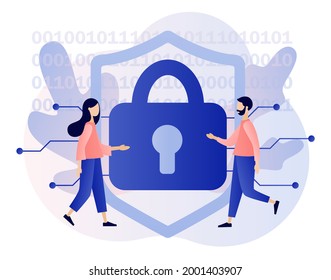 Cyber security. Tiny people protection of computer services and electronic information. Global network security. Data protection. Digital access and online safety. Modern flat cartoon style. Vector 