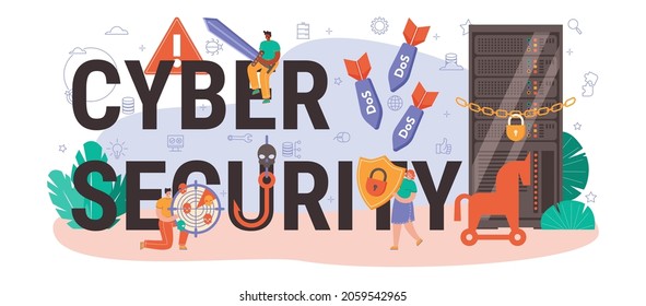 Cyber security typographic header. Digital data protection and database safety. Bugs correction, pentesting and cyberattack prevention. Flat vector illustration