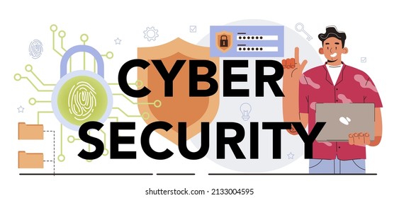 Cyber security typographic header. Digital data protection and database safety. Cyberattack prevention specialist. Flat vector illustration