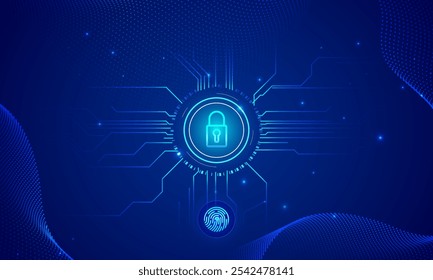 Fondo de Vector de seguridad cibernética con degradado azul, icono de candado seguro, circuitos conectados y símbolo de huellas dactilares, que representa la tecnología de protección de datos.