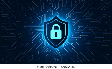 Fondo de Vector de seguridad cibernética, bloqueo de escudo en el concepto futurista de privacidad de Internet y protección cibernética, fondo de placa de circuito. Tecnología de líneas azules conectadas con Elementos electrónicos