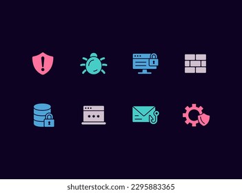Cyber security vector icon set. Data protection, internet safety, personal data protection, computer bugs, internet scams concept icons.