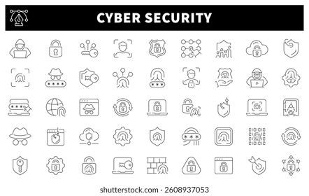 Cyber security vector icons. Cyber security icon set. Protection, technology, data protection, secure, security, antivirus, privacy, hacker, cyber security related icons. Thin line icons