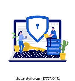 Cyber security vector illustration concept with characters. Data security, protected access control, privacy data protection. Modern flat style for landing page, web banner, infographics, hero images.