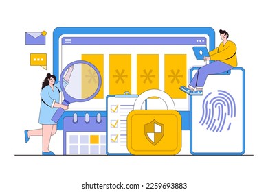 Cyber security vector illustration concept with characters. Data security, protected access control, privacy data protection. Modern flat style for landing page, web banner, infographics, hero images.