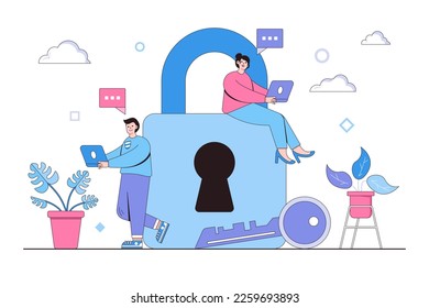 Cyber security vector illustration concept with characters. Data security, protected access control, privacy data protection. Modern flat style for landing page, web banner, infographics, hero images.