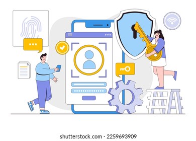 Cybersicherheit, Vektorgrafik-Konzept mit Zeichen. Datensicherheit, geschützte Zugangskontrolle, Datenschutz. Moderner Flachstil für Landing Page, Web Banner, Infografiken, Heldenbilder.