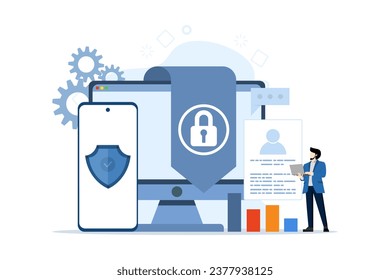 Cyber security vector illustration concept with characters. Data security, protected access control, privacy data protection. Data encryption. Cybersecurity and privacy. flat vector illustration.