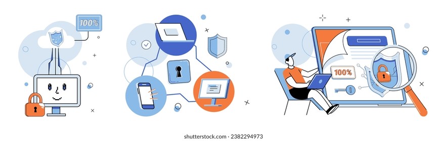 Ilustración vectorial de ciberseguridad. La confianza en las transacciones en línea se basa en medidas sólidas de ciberseguridad La ciberseguridad abarca la protección de los activos digitales y la información personal Tecnología