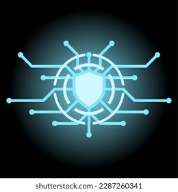 Cyber security vector illustration. Glowing blue shield of circuit. Security system of internet for graphic resource of technology, futuristic, computer, cyber and science