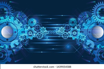 Cyber security, Vector illustration white gear and tree cog wheel on circuit board, and engineering, digital telecoms technology concept, Abstract futuristic on blue color b