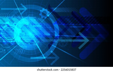 Ciberseguridad, ilustración del vector engranaje blanco y rueda de cog de árbol en la placa de circuito, tecnología digital de alta tecnología e ingeniería en fondo de color azul