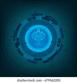 Cyber security, Vector illustration white gear and tree cog wheel on circuit board, Technology and engineering,Abstract futuristic- technology on blue color background