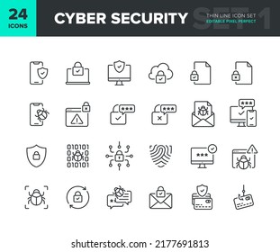 Cyber Security Vector Line Icon Set. Privacy And Internet Protection Icon Collection. Computer And Smartphone Network Security Symbols. Editable Pixel Perfect. Part 1