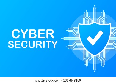 Cyber security vector logo with shield and check mark. Security shield concept. Internet security. Vector stock illustration.