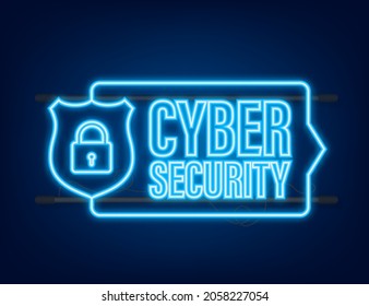 Cyber security vector logo with shield and check mark. Security shield concept. Internet security. Neon icon. Vector illustration
