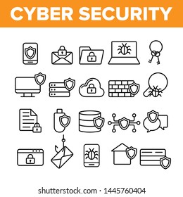 Cyber Security Vector Thin Line Icons Set. Cyber Security, Information Protection Linear Pictograms. Cyberspace Safety, Cyber Crimes, Computer Defense Software, Limited Access Contour Illustrations