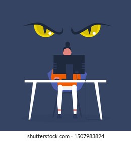 Cyber security. Virus. Data stealing. Big scary yellow eyes behind the character's back. Safety. Technologies. Danger. Young woman sitting at the computer