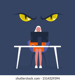 Cyber security. Virus. Data stealing. Big scary yellow eyes behind the character's back. Safety. Technologies. Danger. Young woman sitting at the computer