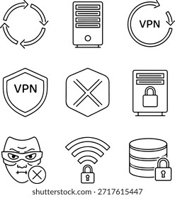 cyber security and vpn network protection line icon set with server shield database and hacker mask symbols