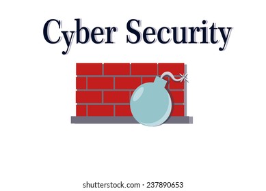 cyber security, wall and explosive bomb illustration over white color background