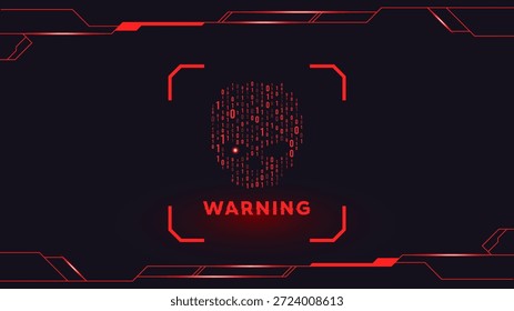 Fondo de advertencia de seguridad cibernética con cráneo digital hecho de código binario. Amenaza de piratería futurista, alerta de violación de datos y concepto de acceso no autorizado para temas de tecnología profesional. Advertencia de seguridad digital