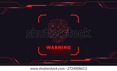 Cyber security warning background with digital skull made of binary code. Futuristic hacking threat, data breach alert, and unauthorized access concept for professional technology themes. Digital security warning