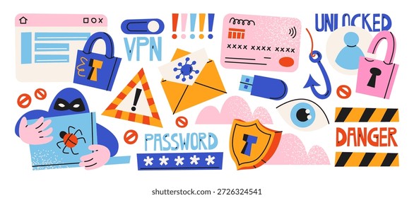 Iconos de advertencia de seguridad cibernética en estilo de dibujos animados retro. Objetos digitales: Contraseña, bloqueo, escudo, virus, vpn, señales de alerta. Imágenes de seguridad en línea para la protección de datos, la concienciación sobre la privacidad y la prevención de riesgos en Internet
