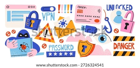Cyber security warning icons in retro cartoon style. Digital objects: password, lock, shield, virus, vpn, alert signs. Online safety visuals for data protection, privacy awareness and internet risk prevention