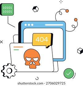 Advertencia de ciberseguridad en un Sitio web con notificación de cráneo, rueda dentada y un error 404. Representa la seguridad en línea, la protección de datos y la ciberseguridad. Ilustración vectorial plana isométrica.