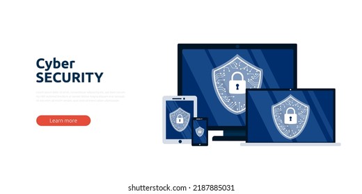 Cyber security or web security web banner or landing page. Cyber safety and privacy concept. Internet security information. Vector illustration.