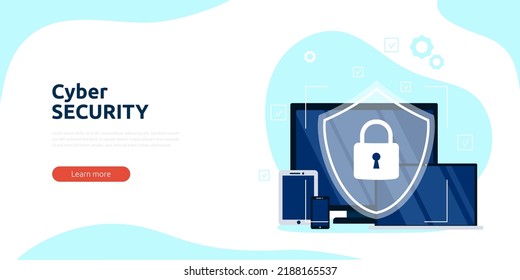 Cyber security or web security web banner or landing page. Cyber safety and privacy concept. Internet security information. Vector illustration.
