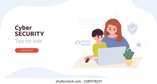 Cyber Security Web Banner Or Landing Page. Mom Teaches Child Cyber Security On The Internet. Cyber Defense Tips For Kids. Safe Internet Concept. Woman Sits With Child At Laptop. Vector Illustration.