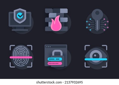 Cyber Security Web Concept Of 3d Paper Icons Set. Pack Flat Pictograms Of Online Protection, User Identification, Access With Fingerprint Scanning, Password. Vector Elements For Website In Dark Style