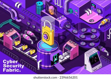 Cyber security web concept in 3d isometric design. Personal data protection system with fingerprint scan. Abstract fabric production line in isometry graphic for corporate poster. Vector illustration.