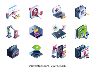 Cyber security web concept of 3d isometric icons set in isometry design. Firewall shield, stop bugs and viruses, access with key, warning danger, computer technology, other. Vector illustration.