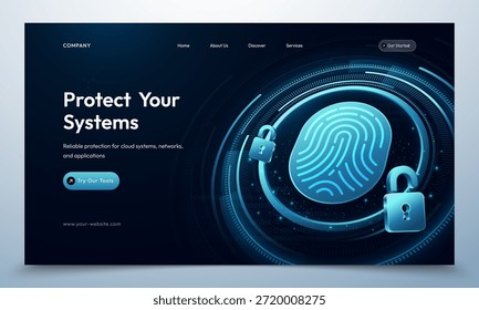 Página de inicio del Sitio web de seguridad cibernética con autenticación de huellas dactilares y Tecnología de protección de datos