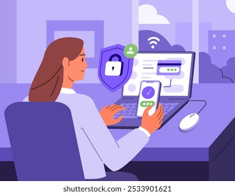 Cyber security. Woman character at office using two factor authentication on laptop for password validation. Data protection, cybersecurity, privacy, secure network concept. Vector illustration. 