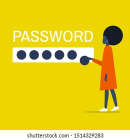 Cyber security. Young black female character entering a password. User access to account. Flat editable vector illustration, clip art